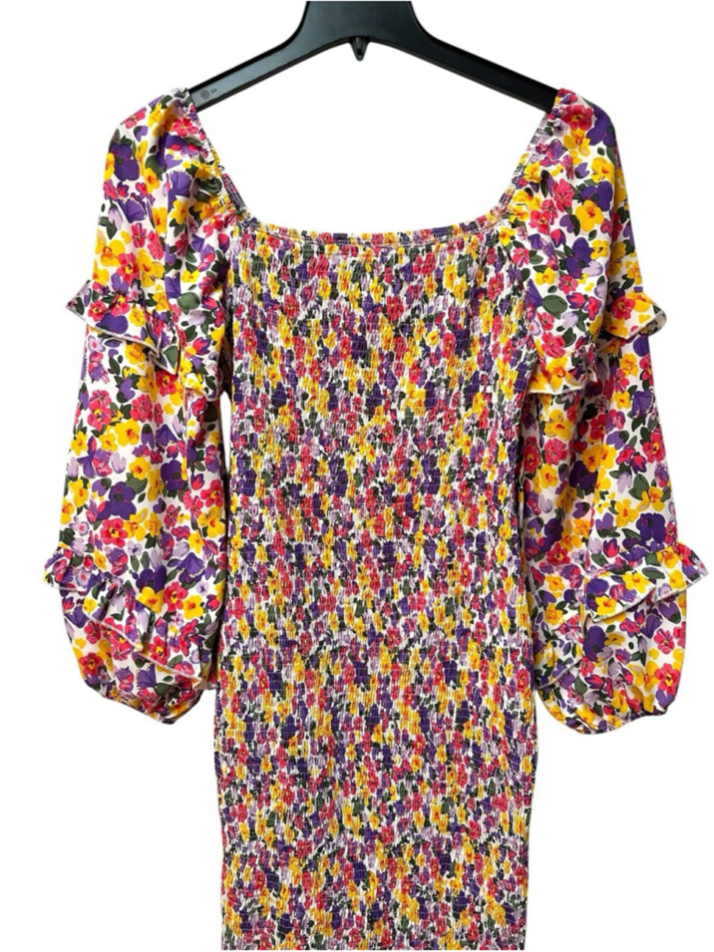 PRETTYGARDEN Smocked Sun Dress Womens L Stretch Knee/Midi Length Balloon Sleeves